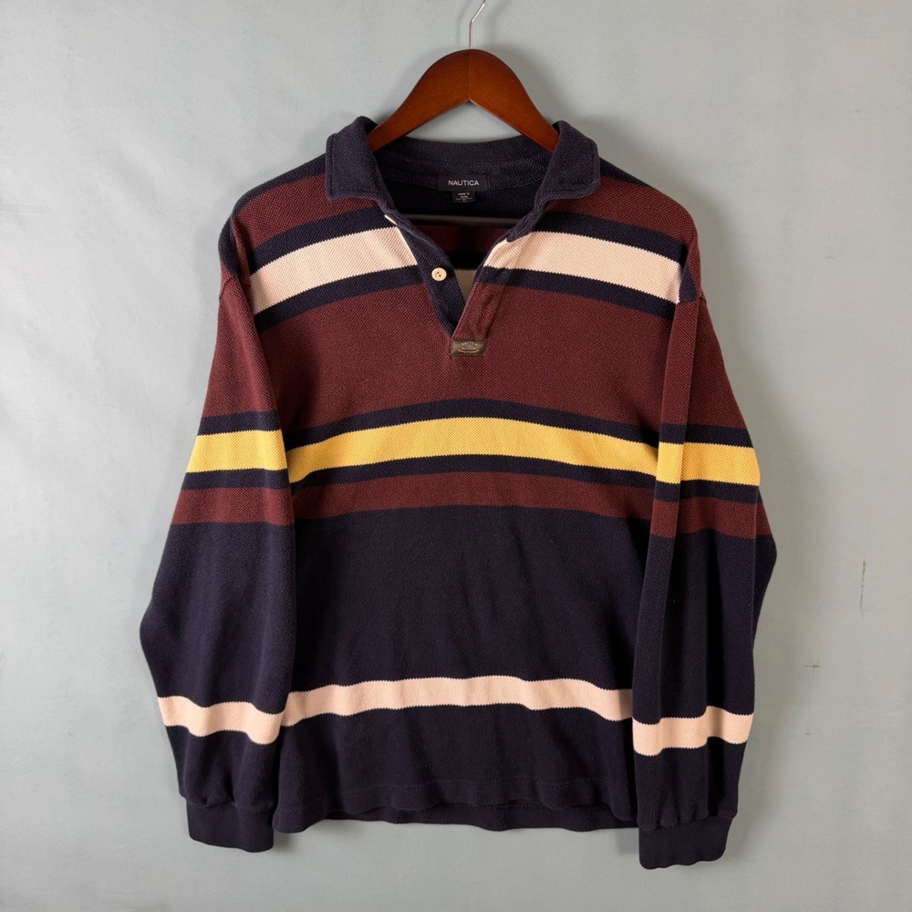 Vintage 90s Y2K Nautica Men's L Striped Rugby Polo Shirt Multicolor